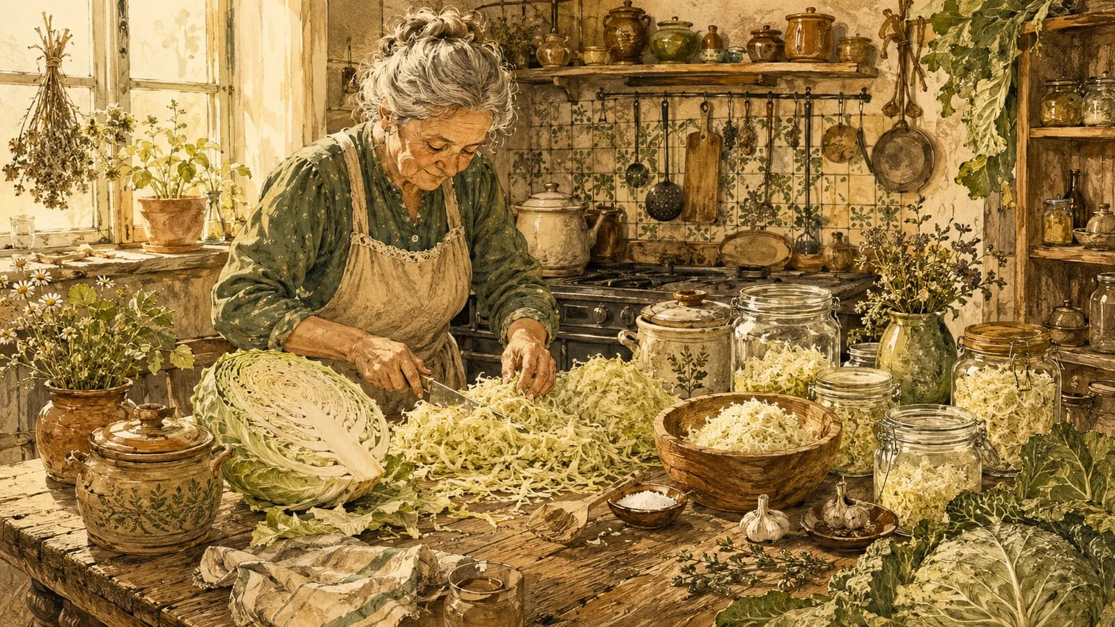 Mujer preparando chucrut casero a mano con col fresca