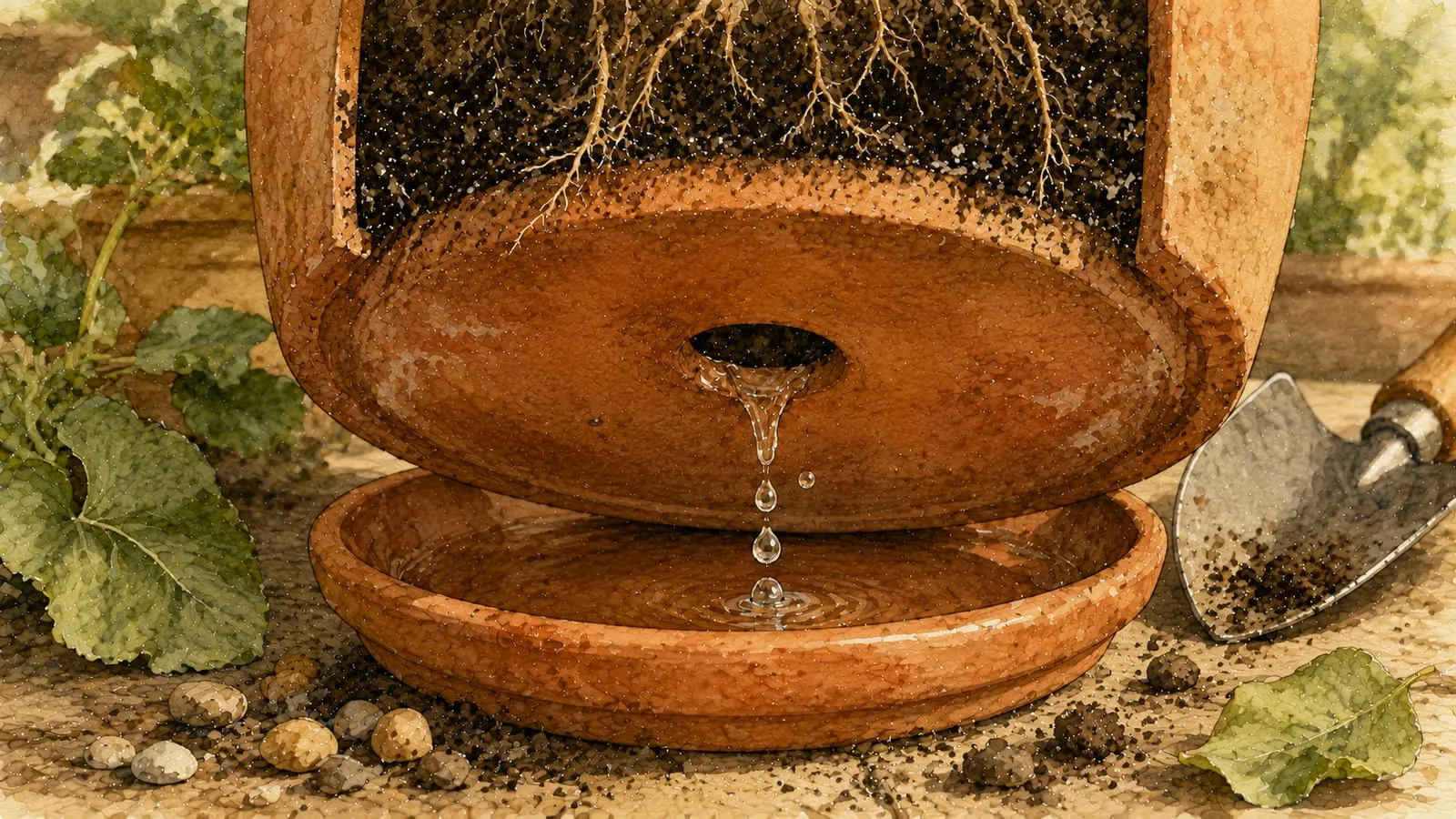 Agujero de drenaje y plato de una maceta con gotas de agua cayendo