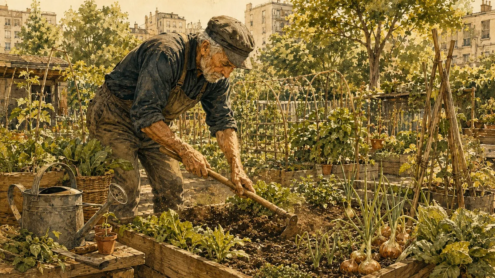 Hortelano cuidando un huerto urbano comunitario en bancales elevados