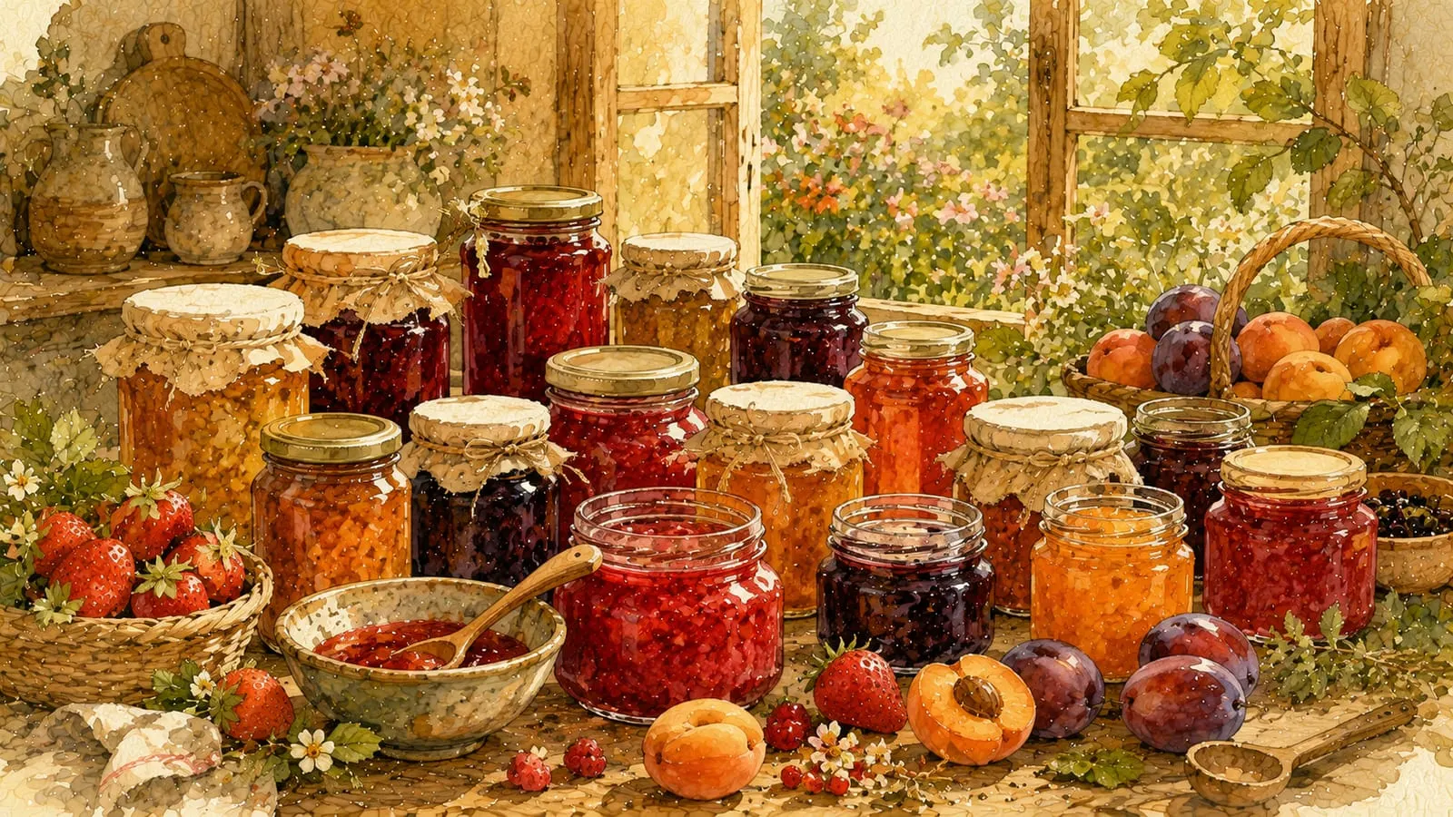 Tarros de mermeladas y conservas caseras organizados junto a fruta