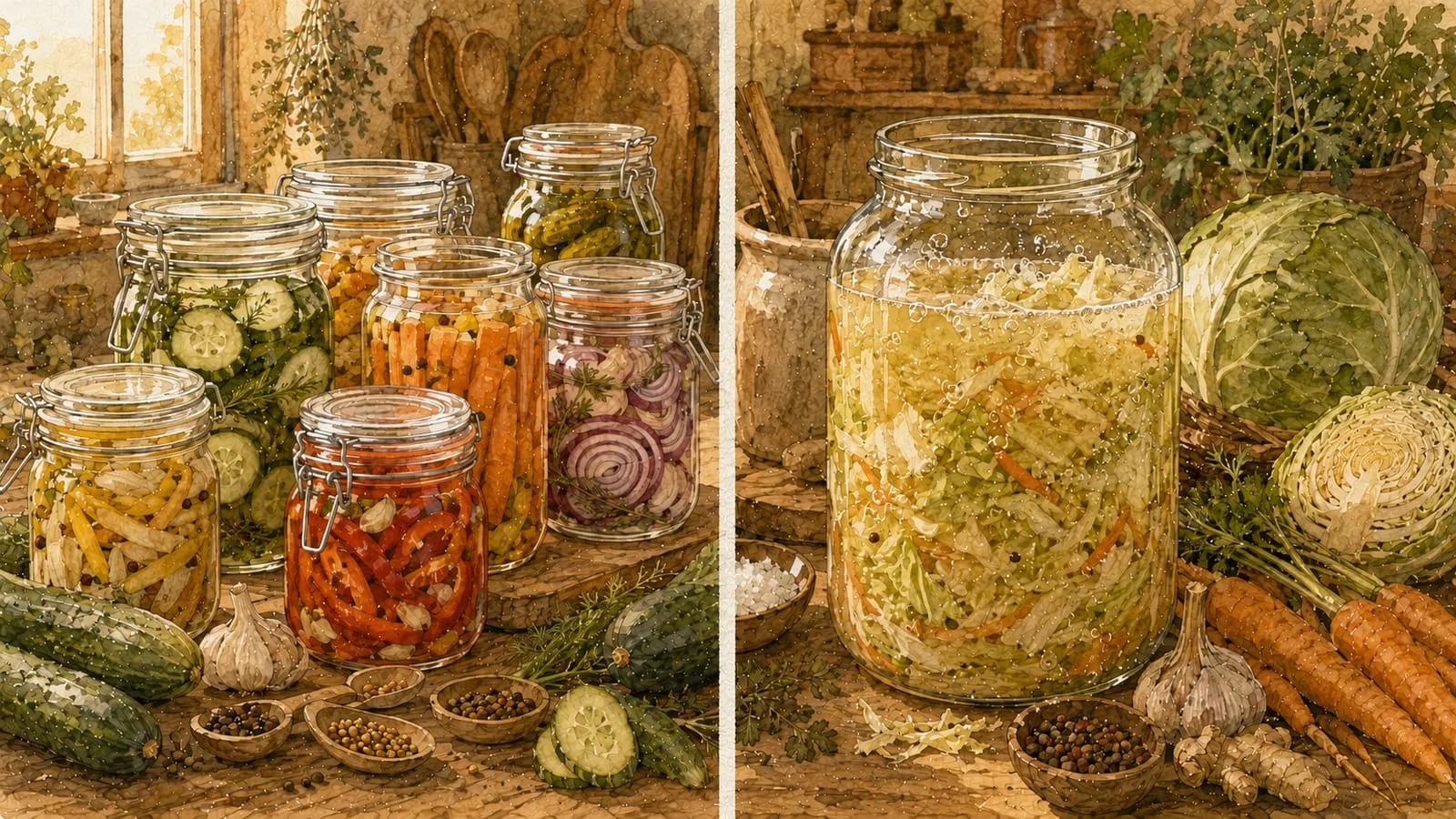 Comparación entre un tarro de encurtidos en vinagre y un tarro de fermentado