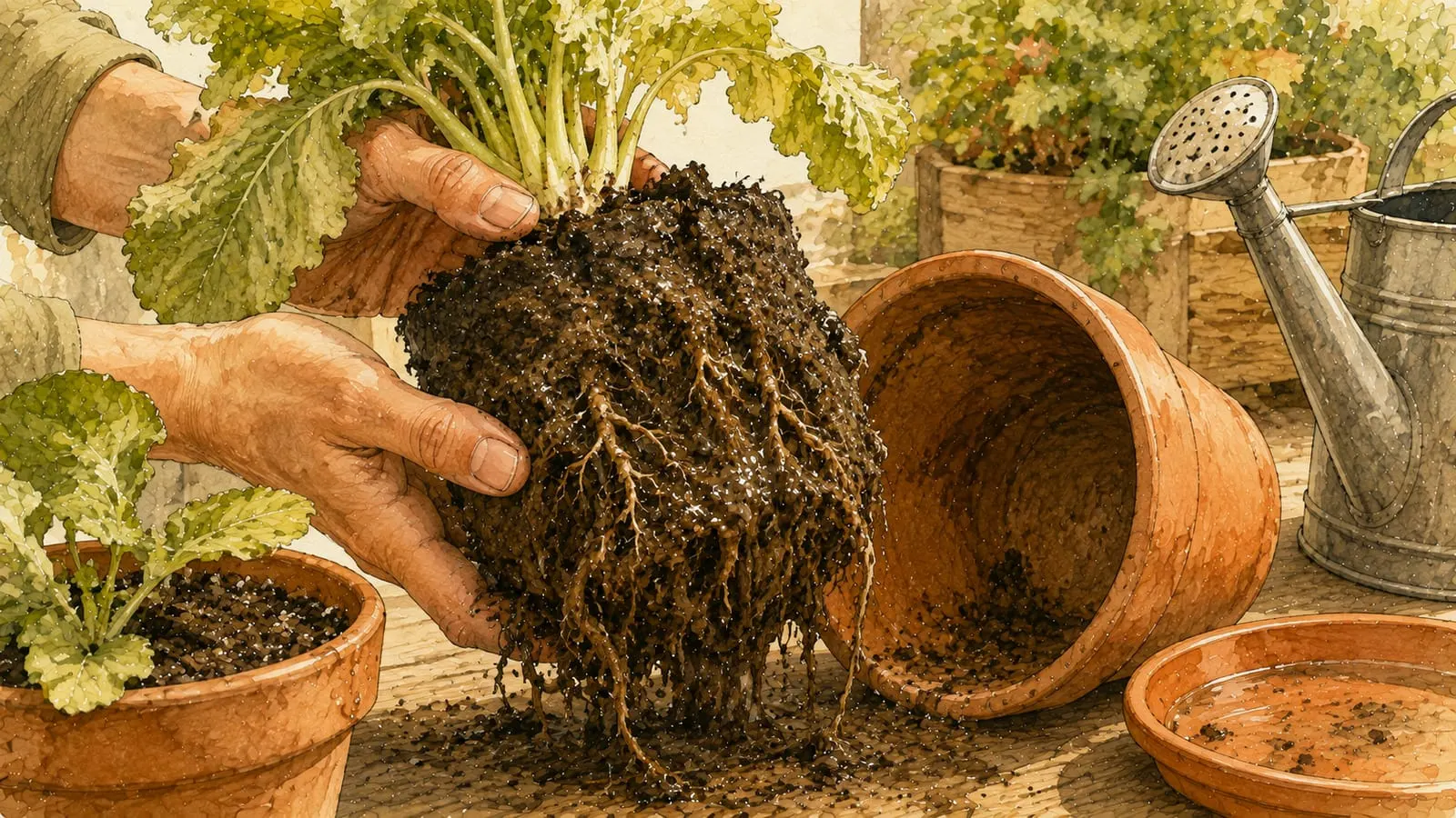 Raíces encharcadas al sacar una planta de su maceta, señal de exceso de riego