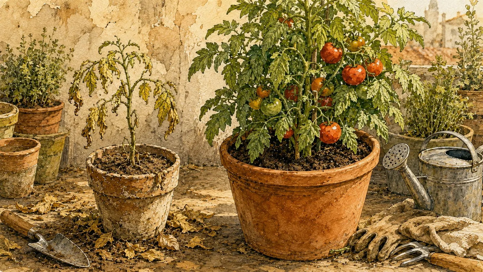 Comparación entre una tomatera mustia y una tomatera sana en maceta