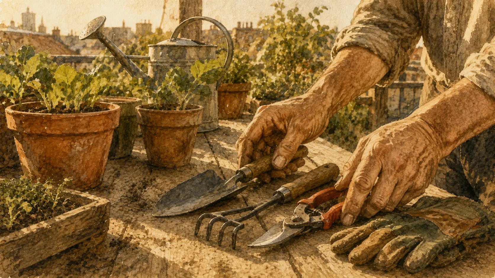 Manos organizando un set de herramientas de jardinería sobre un banco de madera