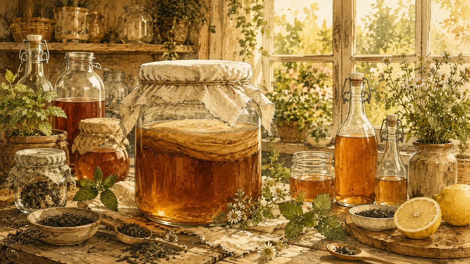 Tarro grande de kombucha fermentando junto a botellas de vidrio