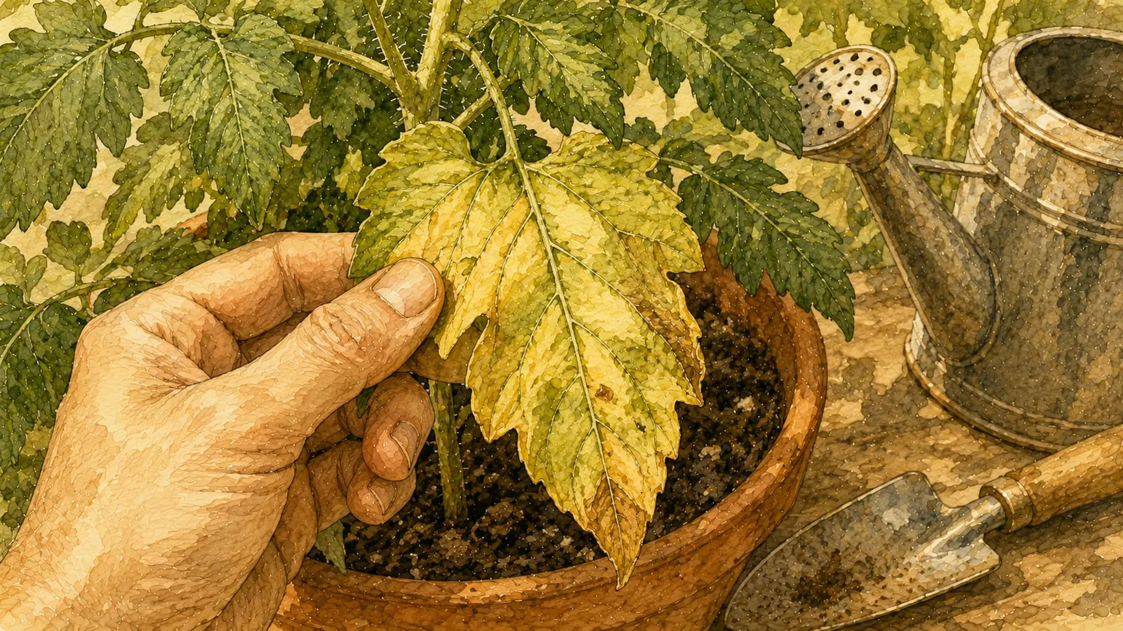 Mano sujetando una hoja amarillenta de una planta de tomate