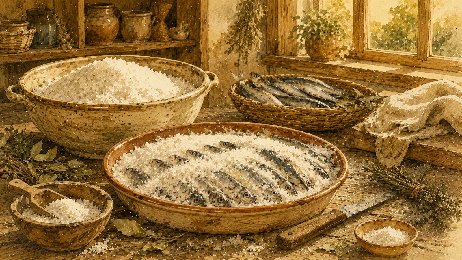 Pescado en salazón cubierto de sal gruesa en un cuenco de barro